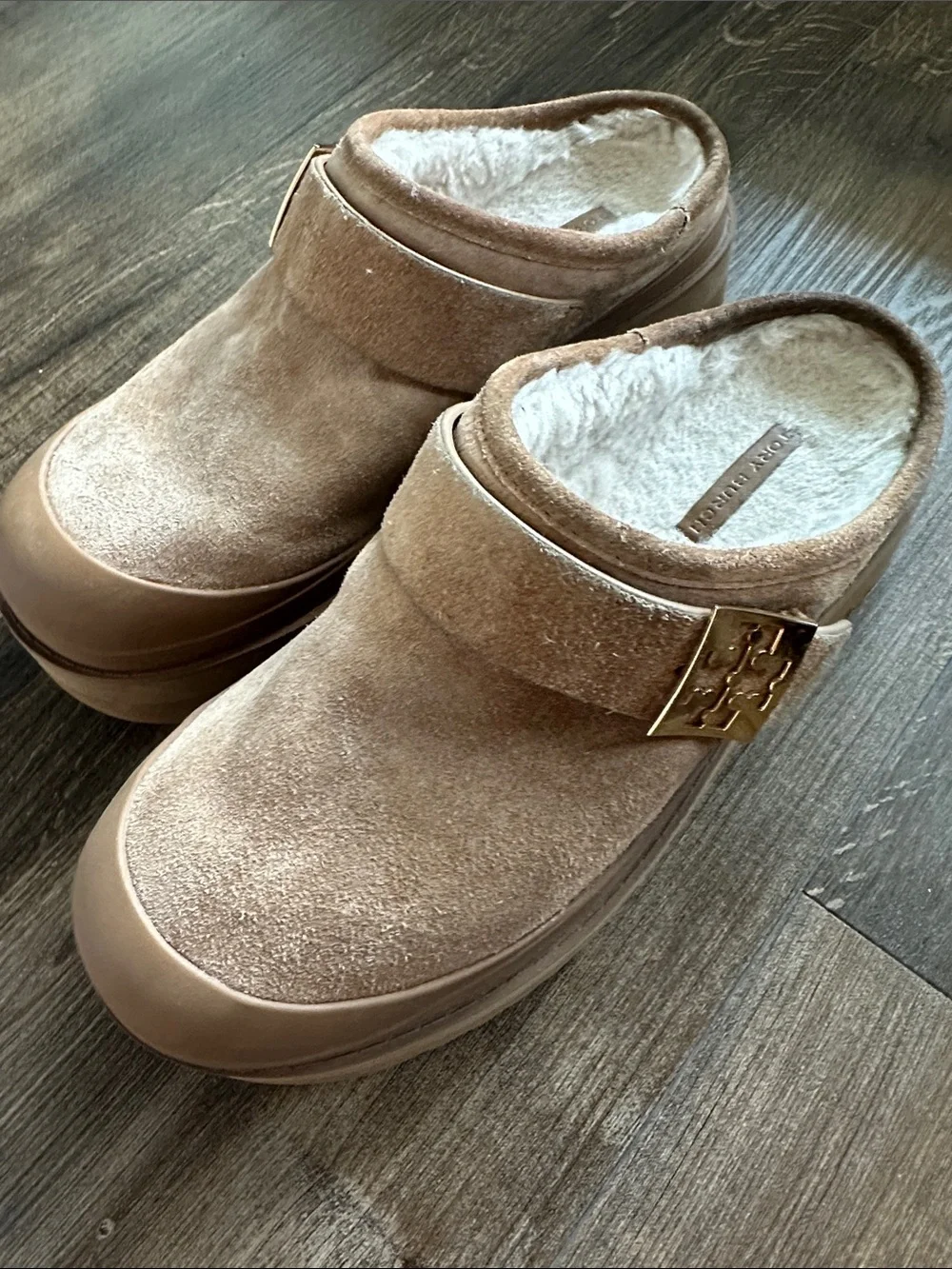 Tory Burch Mellow Shearling-Trimmed Suede Mules